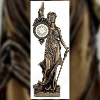 A picture depicting Lady Justice with a clock